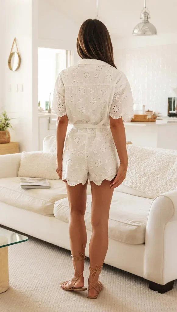 Foridol Wide Leg Cotton Women Romper Turn Down Collar Sash White Short Jumpsuit Buttons Pockets Loose Playsuit Summer Casual