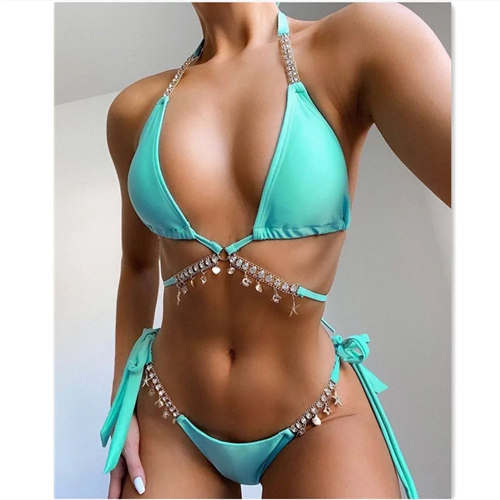 9 Colors New Sexy Bikini Women Rhinestone Shell Pendant Halter Gradient Swimwear Swimsuit Female Beach Bikinis Set Bathing Suit