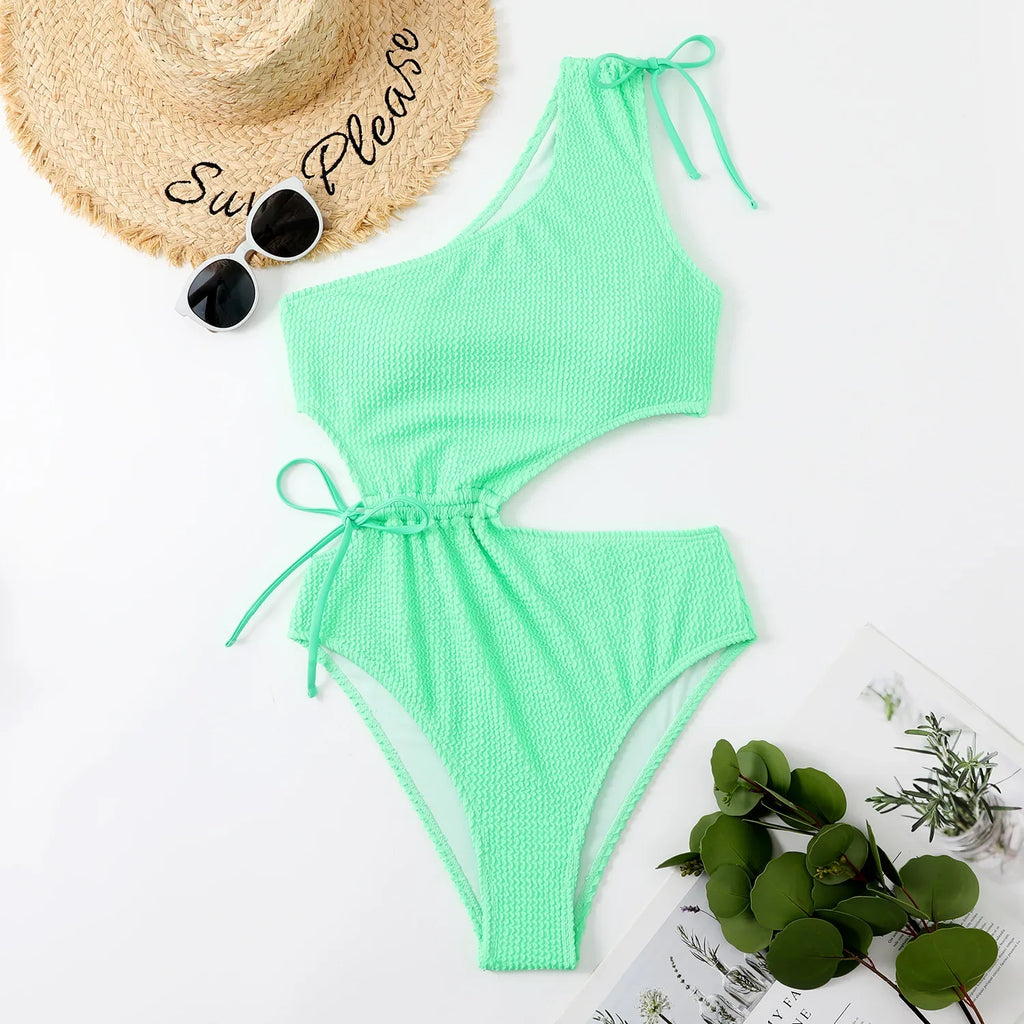 One Shoulder Women's Swimsuit One Piece Cut Out Sexy Swimwear Women 2022 Textured Monokini Solid Bathing Suit Beach Wear Purple