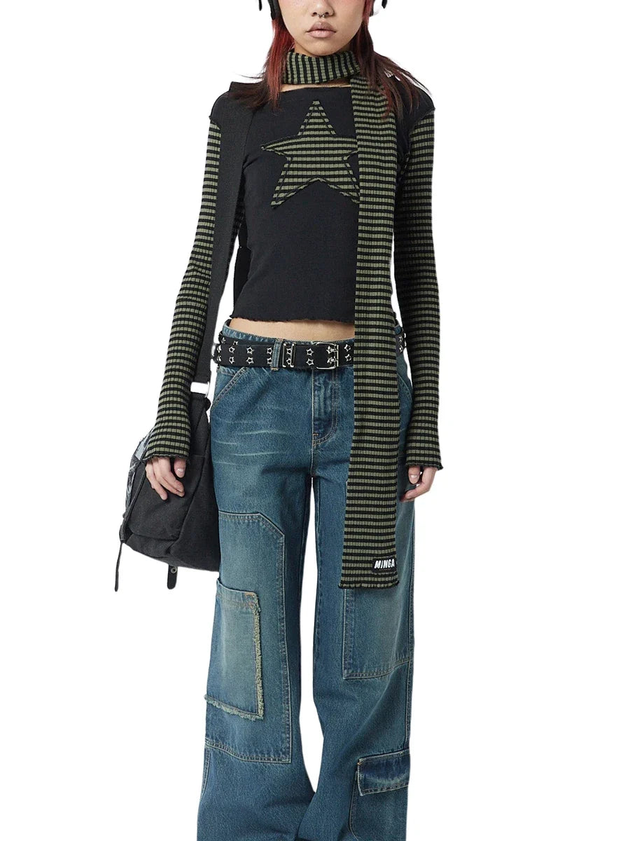 Early Autumn Punk Style Slim Fit T-shirt Women Long Sleeve Crew Neck Star Stripes Patchwork Ladies Tops for Casual Daily