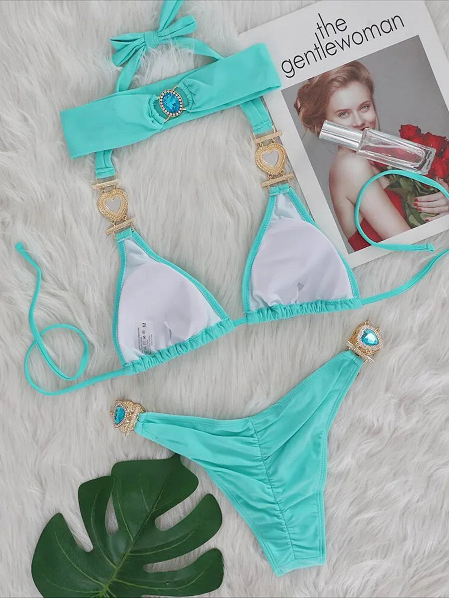 Halter Rhinestones Diamond Bikini Women Swimsuit Female Swimwear Three pieces Bikini Set Brazilian Hairband Bathing Suit Swim
