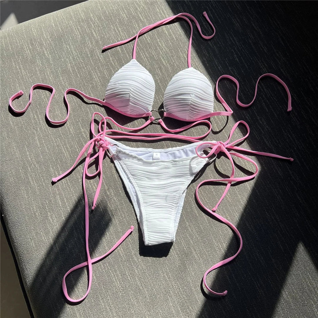 New Wrap Around Halter Wrinkled Bikini Women Swimwear Female Swimsuit Two-Pieces Bikini Set Bather Bathing Suit Swim Lady V4081