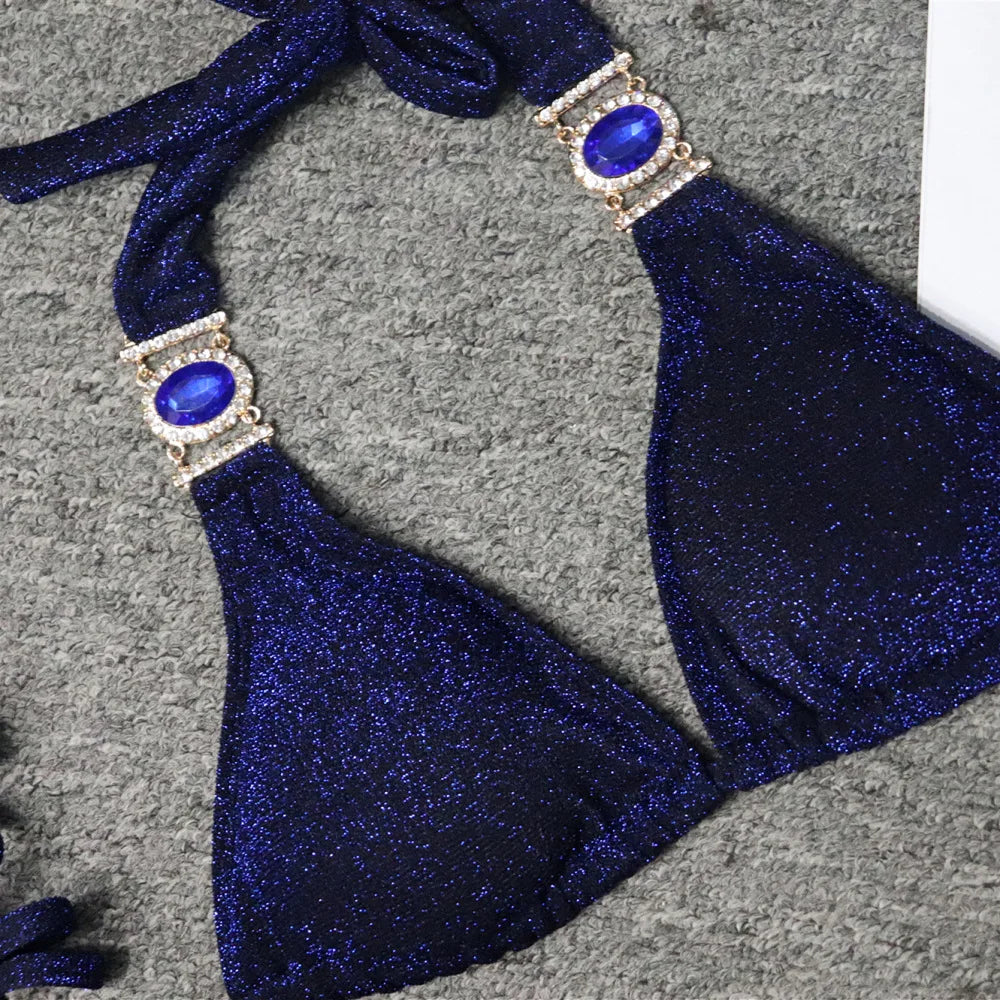 4 Colors Sexy Bikini Women Solid Shining Swimwear Swimsuit Crystal Diamond Female Bandage Halter Beach Bikinis Set Bathing Suit