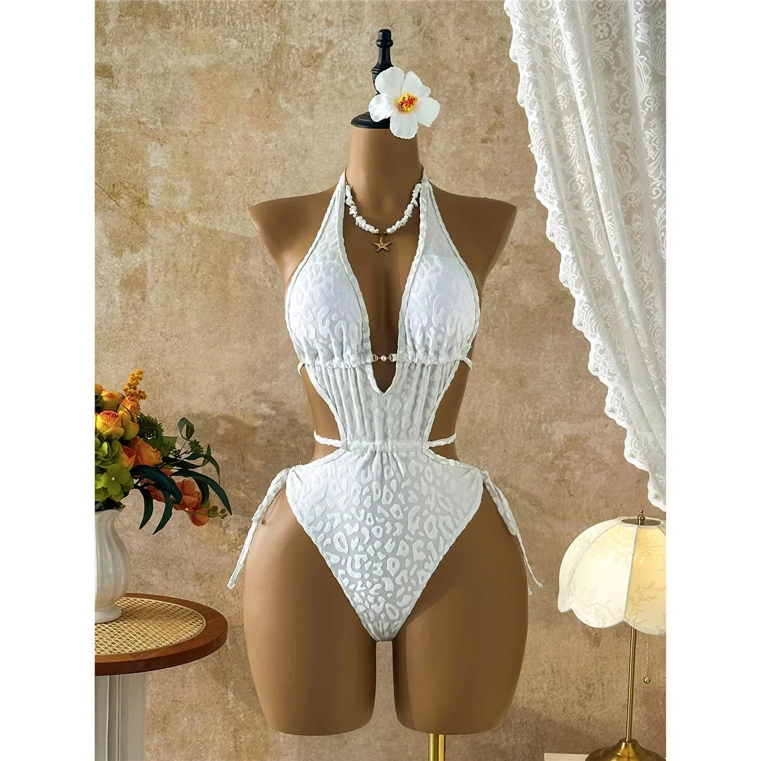 XS - L Deep V Neck Leopard Halter Women Swimwear Cut Out Wrap Around Bather Bathing Suit Swim One Piece Swimsuit Female K8077