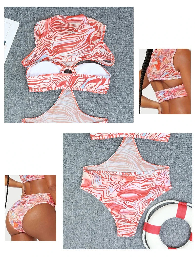 2026 New Sexy One Piece Swimsuit Swimwear Women Gradient Print Hollow High Waist Highly Elastic One-piece Bathing Suit Beachwear