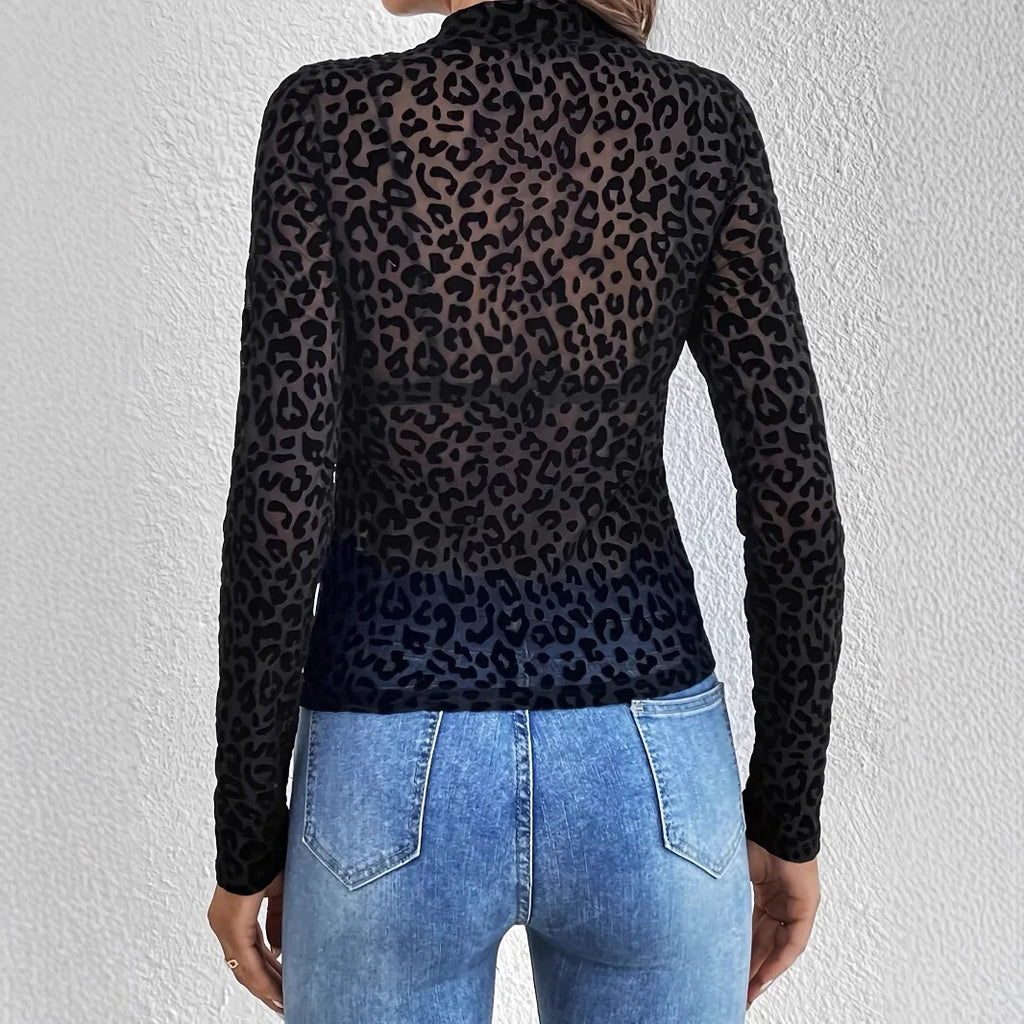 European and American sexy single-layer bra, stand-up collar, mesh bottoming top, women's leopard print inner top