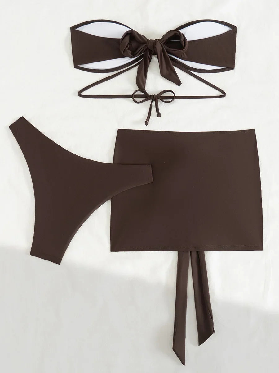 With Sarong Skirt Bandeau Bikini Women Swimwear Female Swimsuit Three-pieces Bikini Set Metal Rings Bathing Suit Swim Beachwear