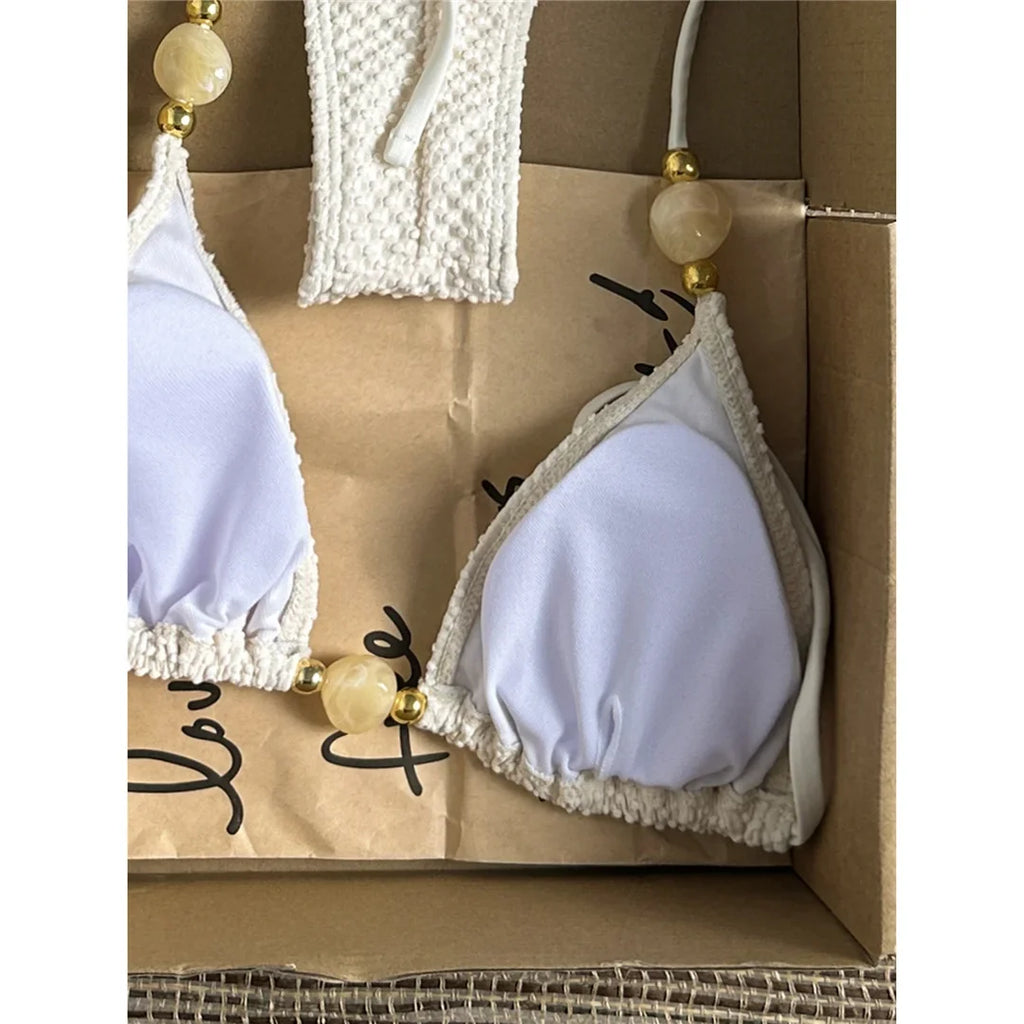 Wrinkled Crinkled Halter Bikini Female Swimsuit Women Swimwear Two-pieces Bikini set Brazilian Bather Bathing Suit Swim V8134