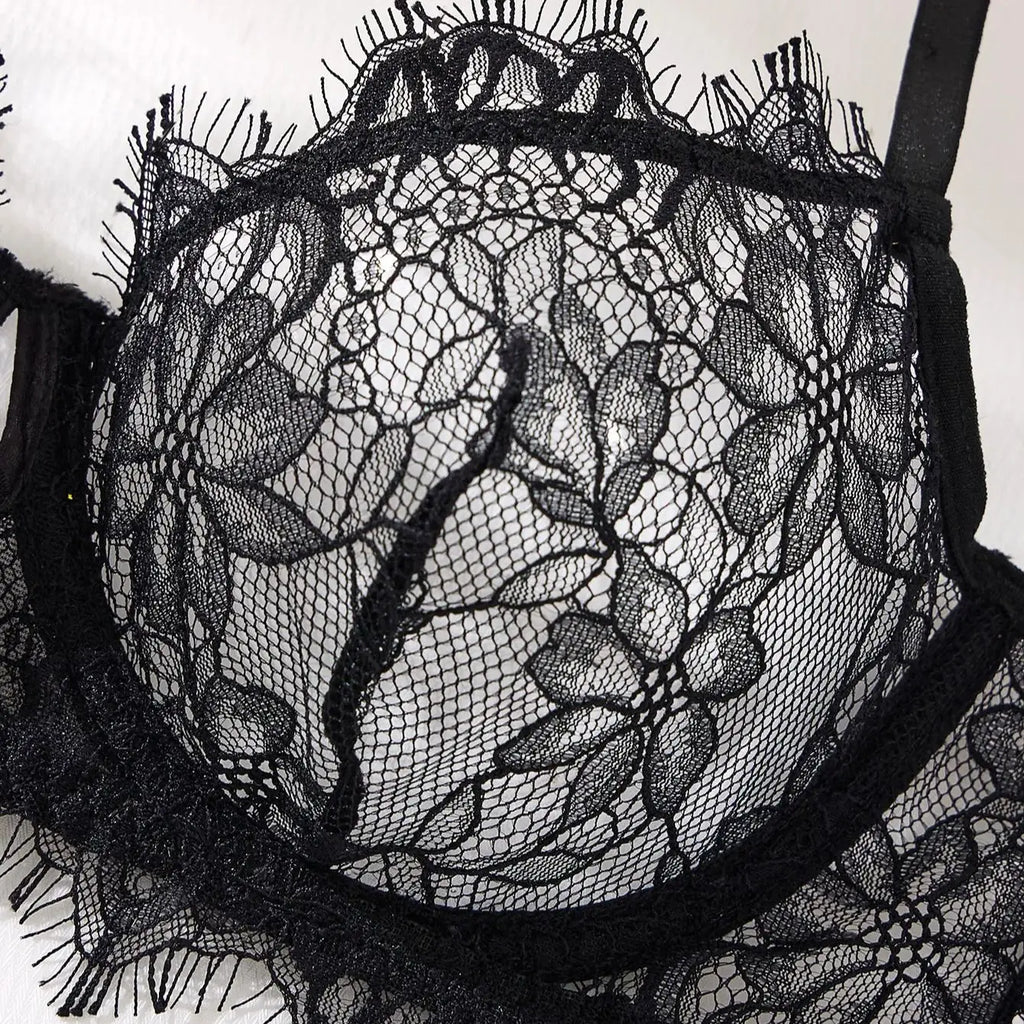 Black Lace Bra Brief Sets for Women Sexy Romantic Transparent Underwear with Flowers See through Erotic Lingerie