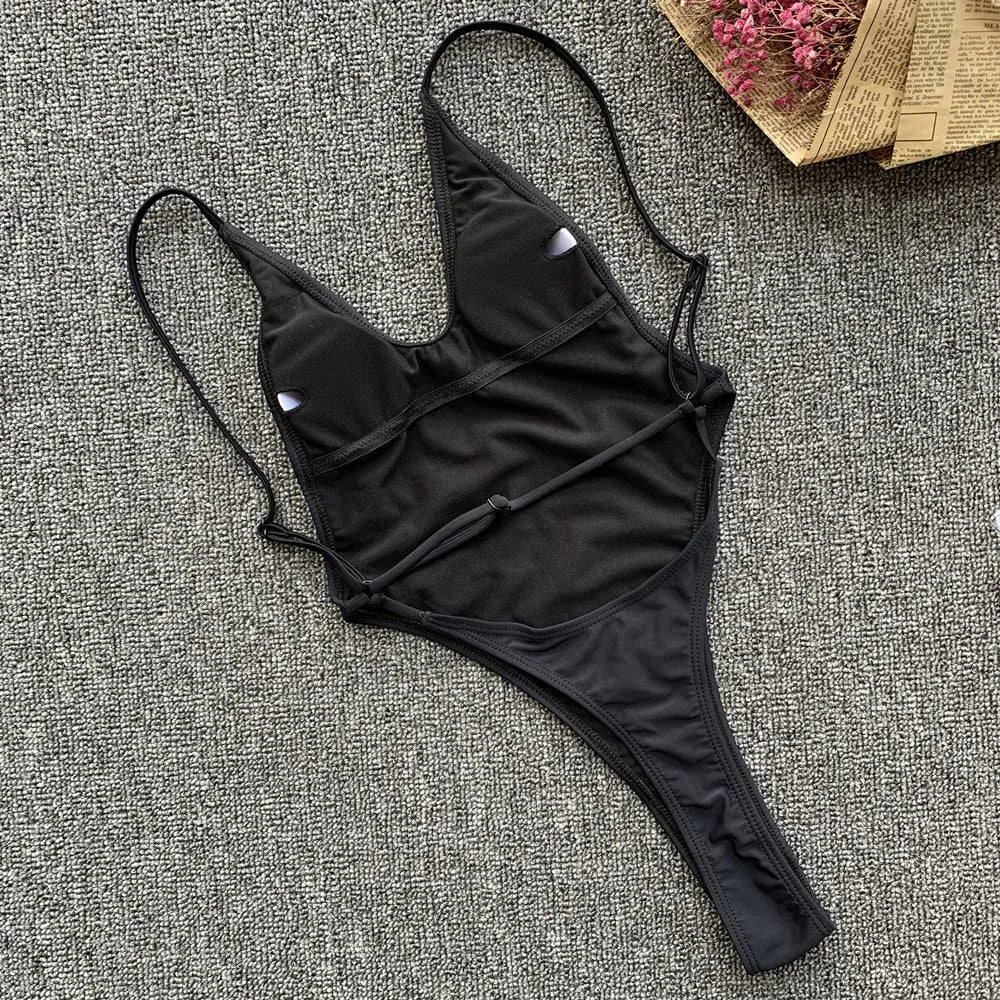 DEKA Solid Deep V One Piece Swimsuit Brazilian Mini Bikini Women High Cut Thong Backless Swimwear Female Bathing Suit Monokini