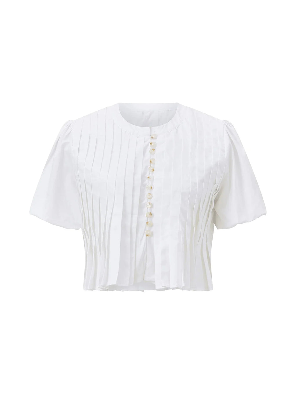Summer Women's Ruched White Shirts Solid Color Bubble Short Sleeve Button Down Tops Casual Fashion Blouse