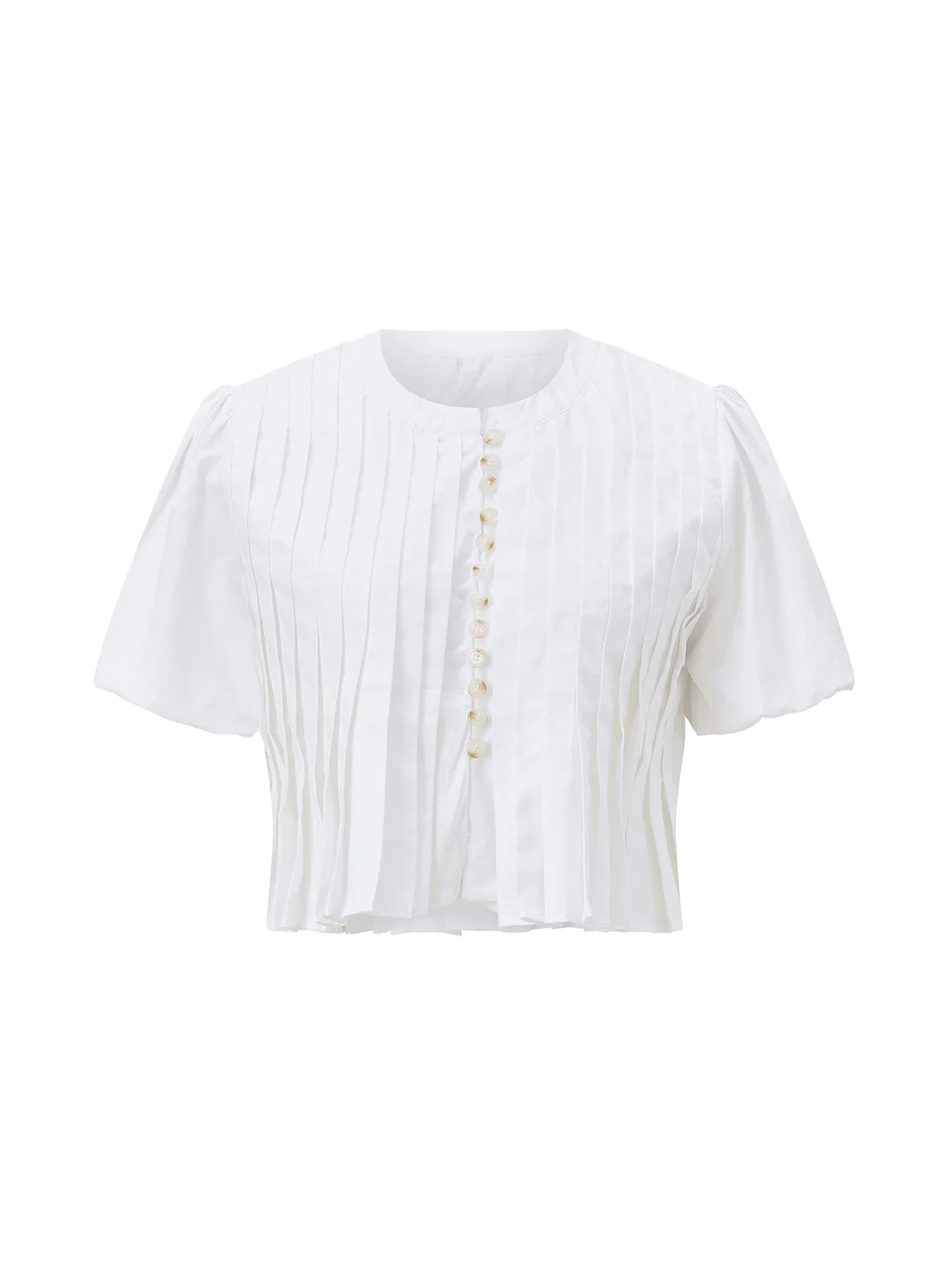 Summer Women's Ruched White Shirts Solid Color Bubble Short Sleeve Button Down Tops Casual Fashion Blouse