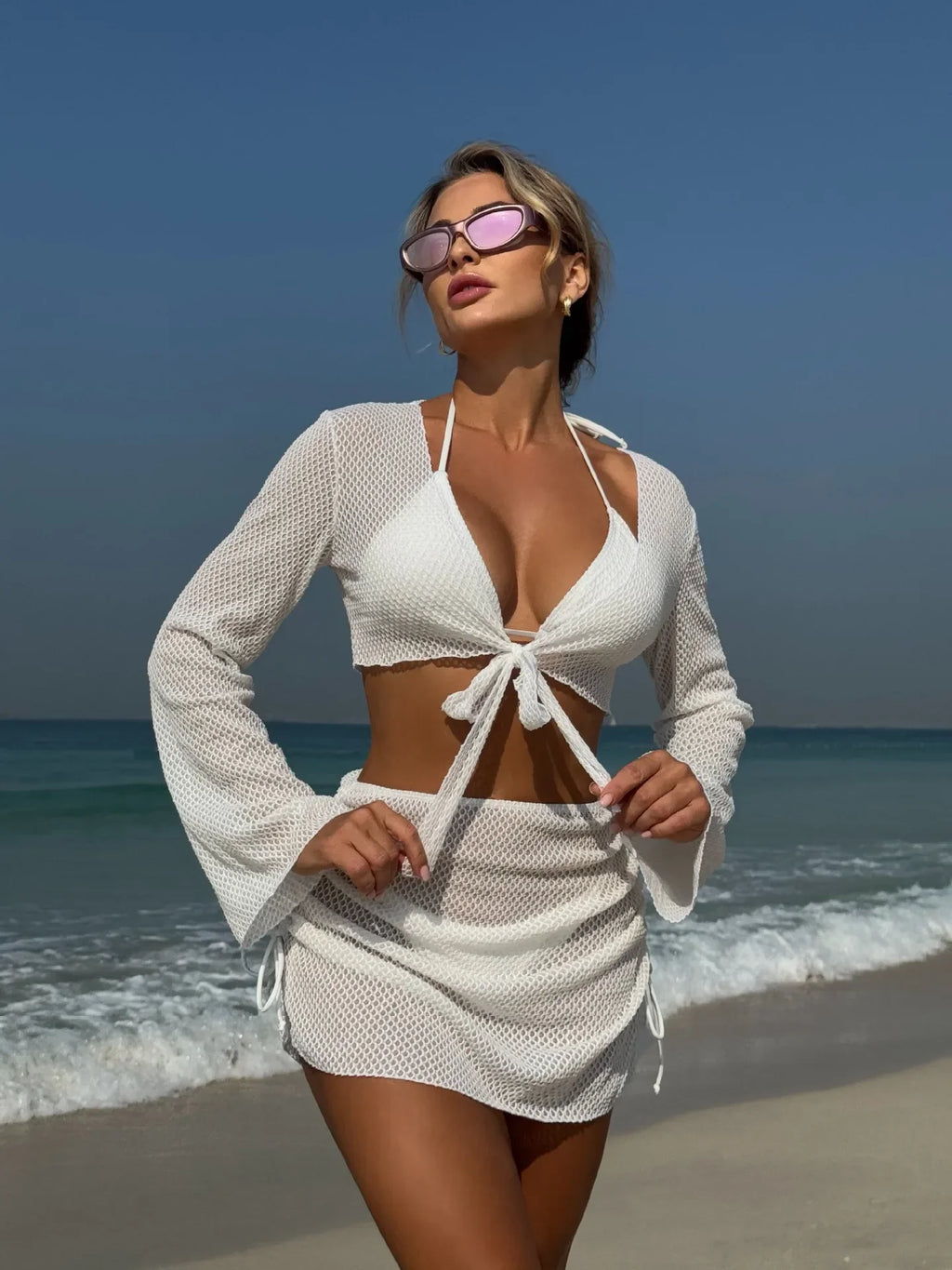 Summer 4 Piece Bikini Set 2025 Women Sexy Black Long Sleeve Cover Up and Skirt Swimsuit Beach Bathing Suit Holiday Swimwear