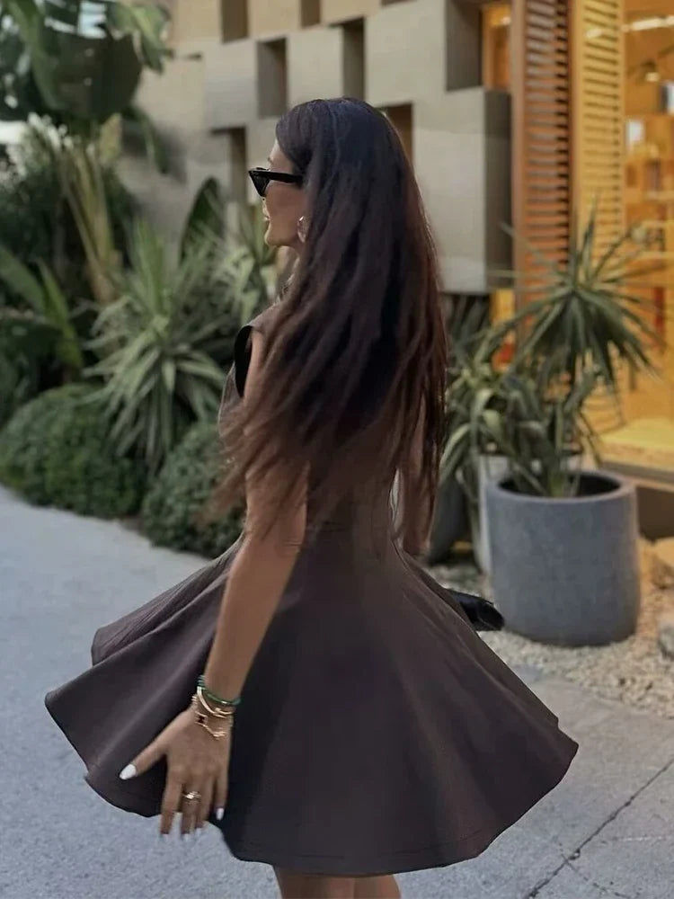 Foridol Stand Collar Sleeveless Pleated Tank Dress for Women Brown Casual Short Autumn Winter Dress Zip Black Ladies Vestidos