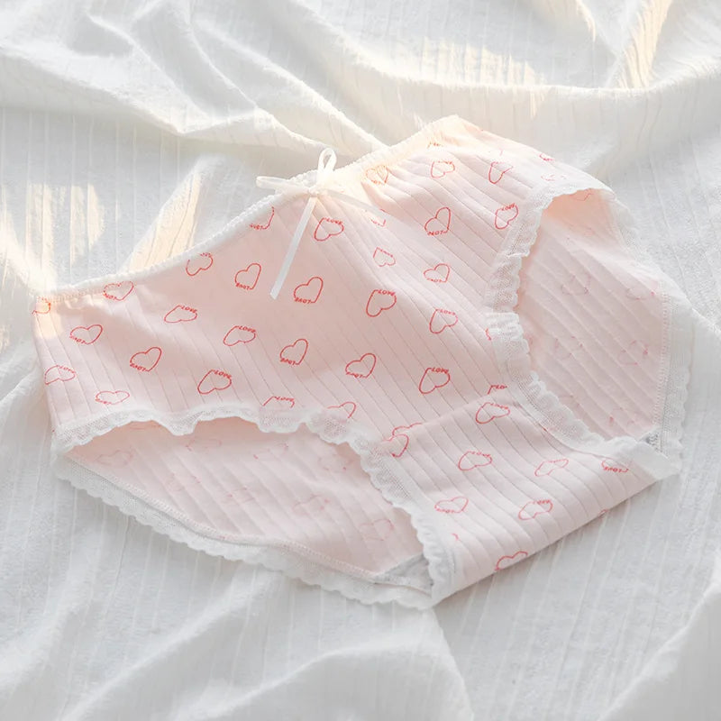 1 Pack Kawaii Rabbit Heart Print Briefs with Ruffles Trim Women's Mid-Rise Cotton Panties Soft Ribbed Underwear Lingerie M-XL