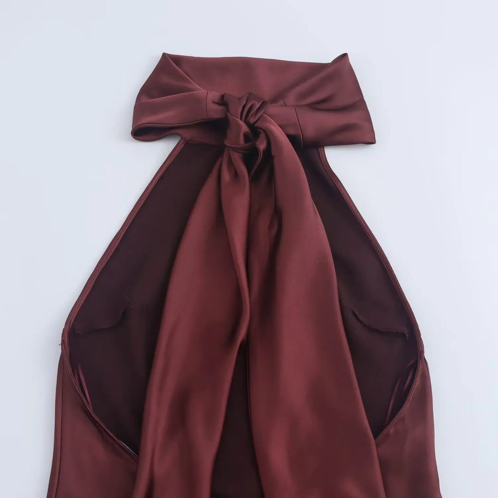 Elegant Solid Color Satin Halter Lace Up Long Dress Sexy Off Shoulder Backless Sleeveless Bodycon Dresses New Lady Party Robe