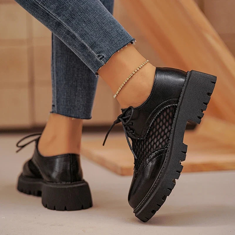 Pu Leather Platform Oxford Shoes Women 2026 Plus Size 42 Lace-Up Single Shoes Woman Comfort Non Slip Thick Sole Student Shoes