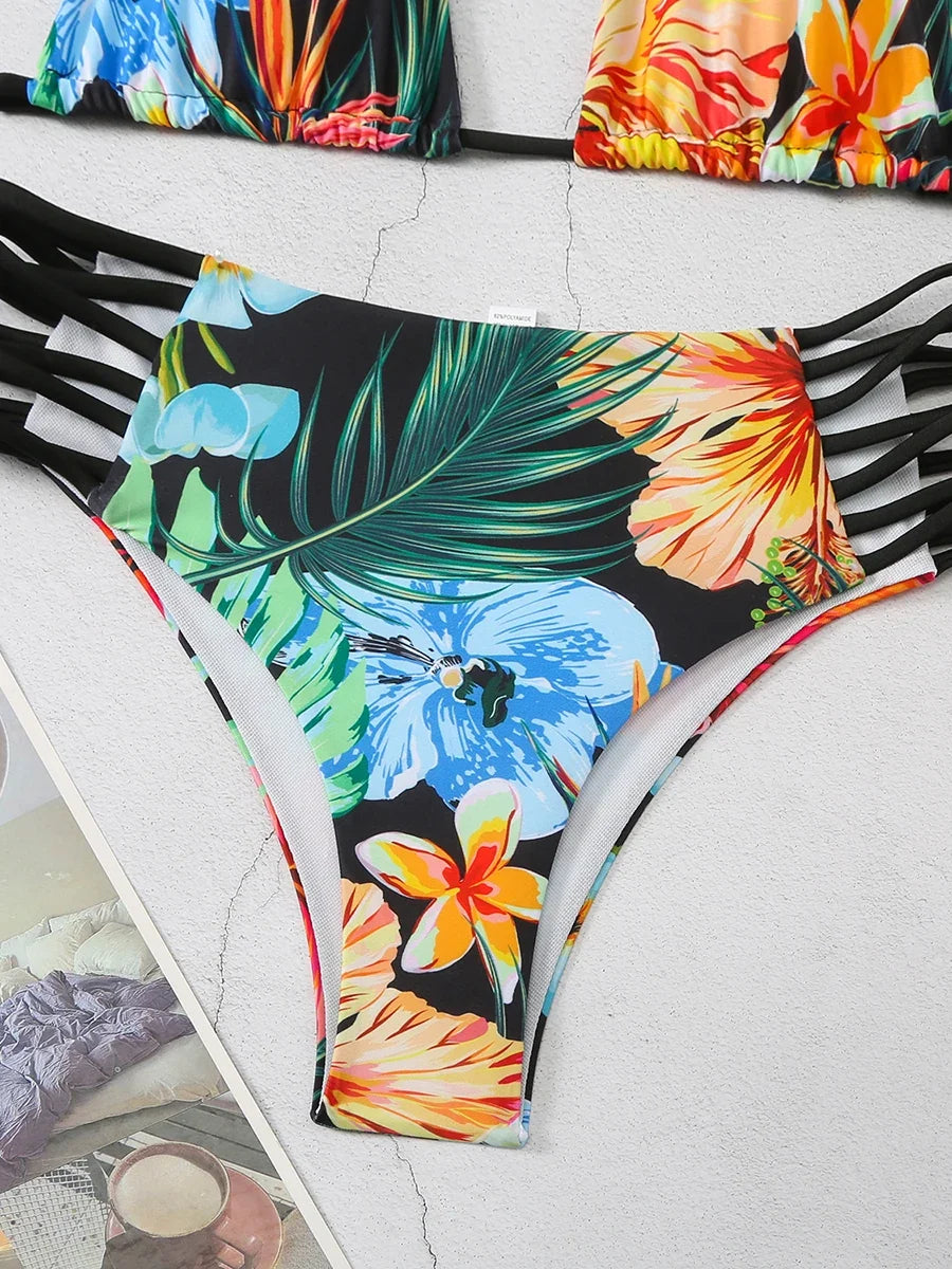 Halter String Floral Bikini 2026 High Waist Swimsuit Women Padded Swimwear Female Bathers Bathing Swimming Swim Suit Beachwear