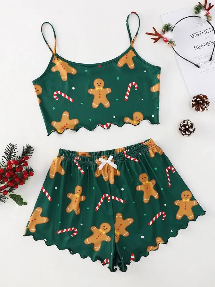 Christmas Santa Claus Element Print Pajama Set for Women's Sleepwear 2 Pieces Crop Tops and Shorts Homewear Loungewear