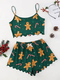 Christmas Santa Claus Element Print Pajama Set for Women's Sleepwear 2 Pieces Crop Tops and Shorts Homewear Loungewear