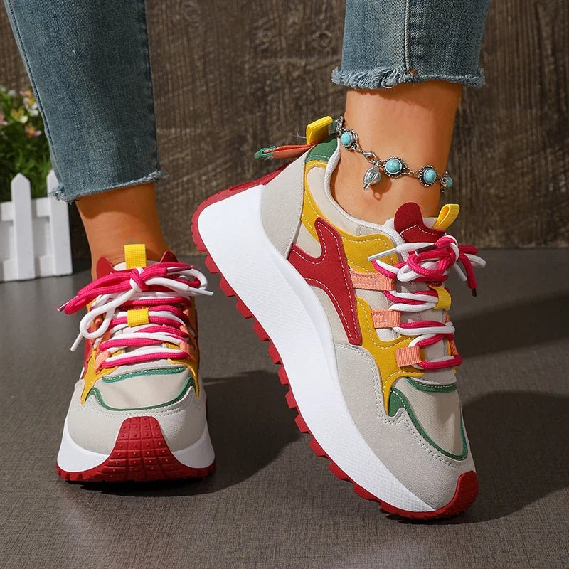 New Mixed Color Chunky Platform Sneakers Women 2026 Fashion Lace Up Thick Bottom Vulcanized Shoes Woman Non Slip Old Dad Shoes