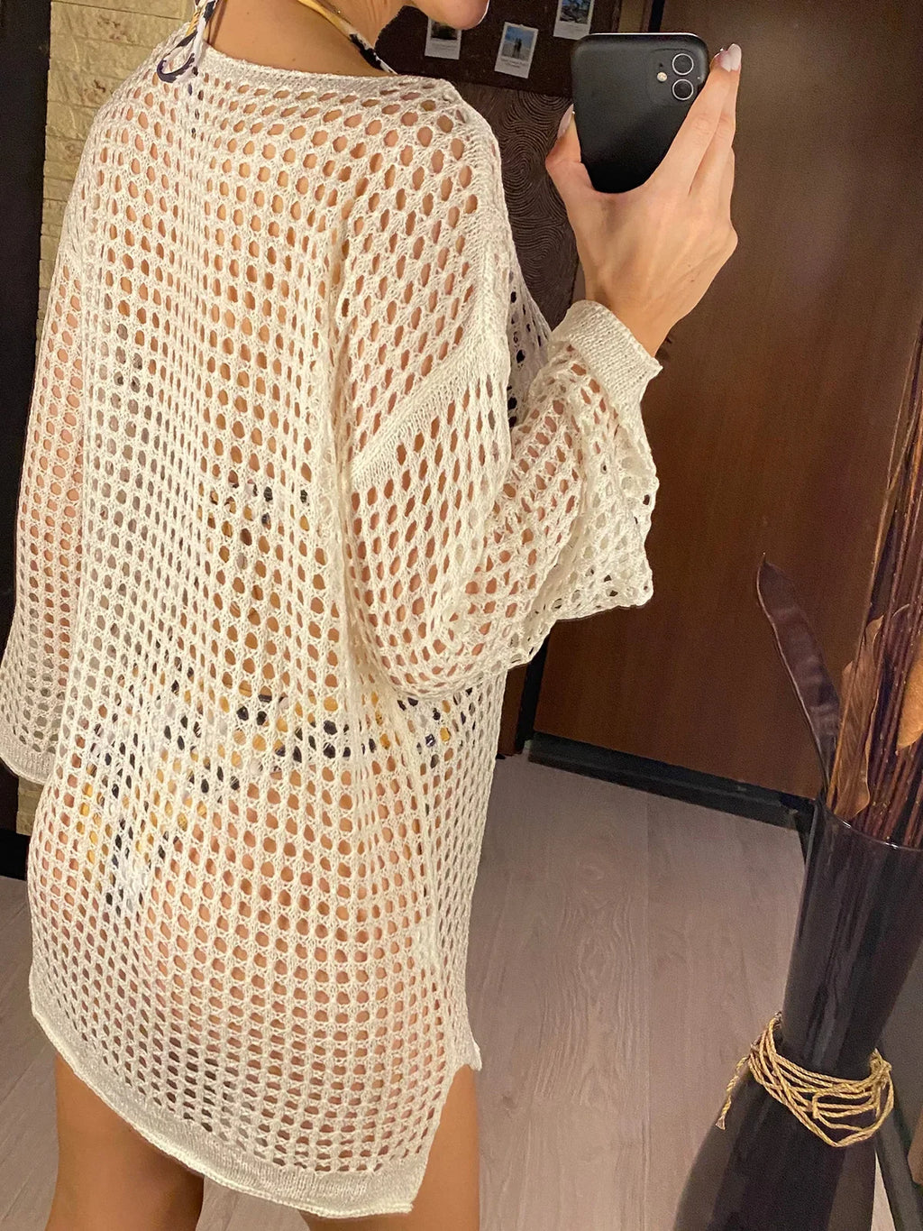 Long Sleeve Hollow Out Top Crochet Knitted Tunic Beach Cover Up Cover-ups Beach Dress Beach Wear Beachwear Female Women V4250