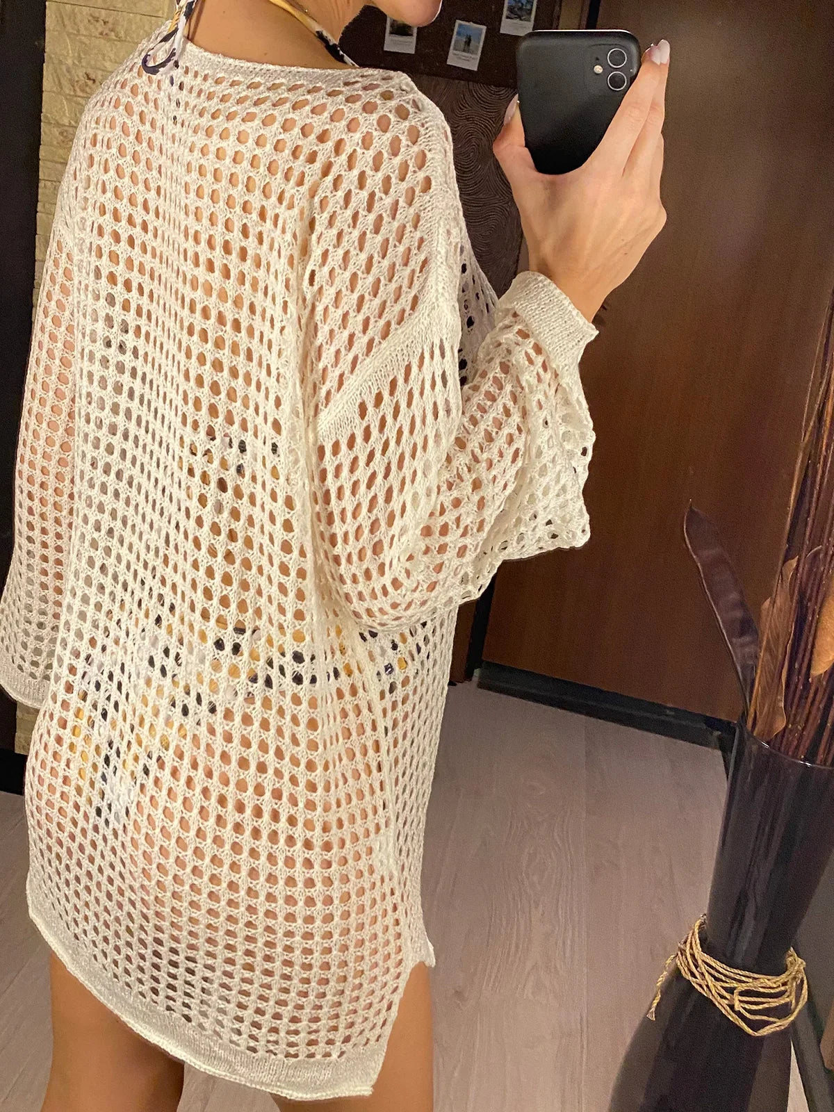 Long Sleeve Hollow Out Top Crochet Knitted Tunic Beach Cover Up Cover-ups Beach Dress Beach Wear Beachwear Female Women V4250