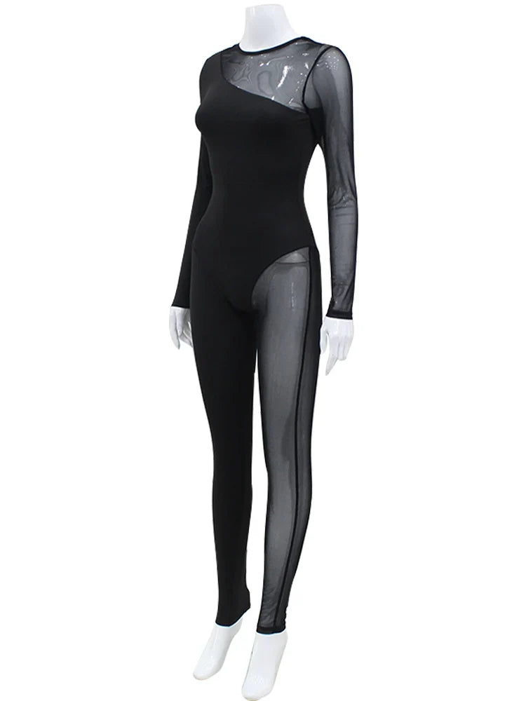AHAgaga Winter Sexy See Through Mesh Rompers Women Jumpsuits Fashion O-Neck Zipper Skinny Slim Jumpsuit Woman Midnight Overalls