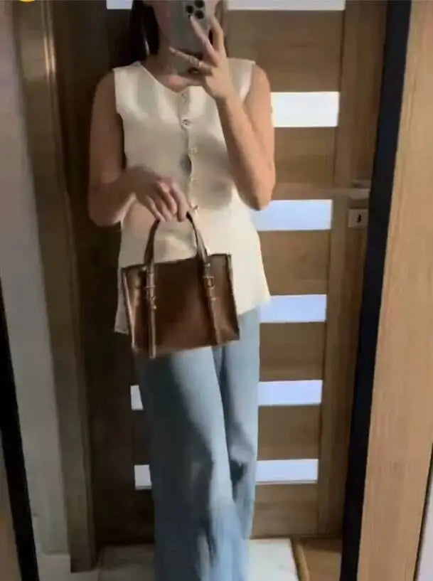 Women's Sleeveless Knit Top With Metal Buttons White Sleeveless Button Down Vest And Maxi Skirt Two Piece Set For Women S7XY