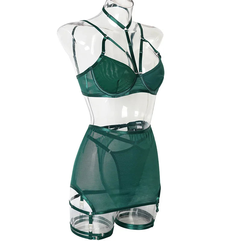 Toucheart Trendy Lingerie 4 Pieces Set Exotic Sexy Bra Eroctic Garter Underwear Set Women's Mesh See-through Luxury Underwear