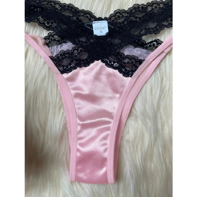 Toucheart Sexy Lace Patchwork Pink Lace Bra Thong Underwear Set For Women Bow Knot Black Lace Up Hollow Out Sexy Lingerie Set