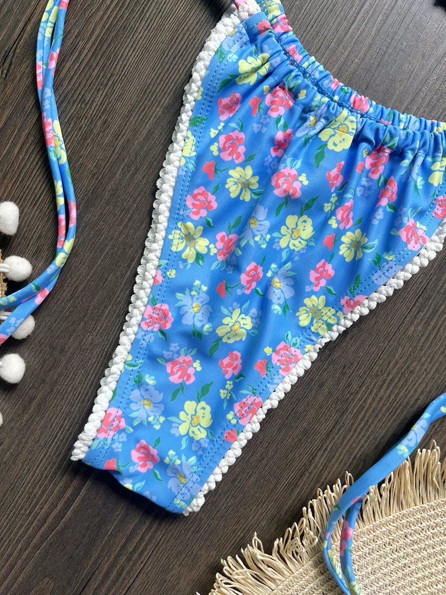 2025 Floral Printed Halter Bikini Female Swimsuit Women Swimwear Two-pieces Bikini set Strappy Bow Bather Bathing Suit Swim Lady