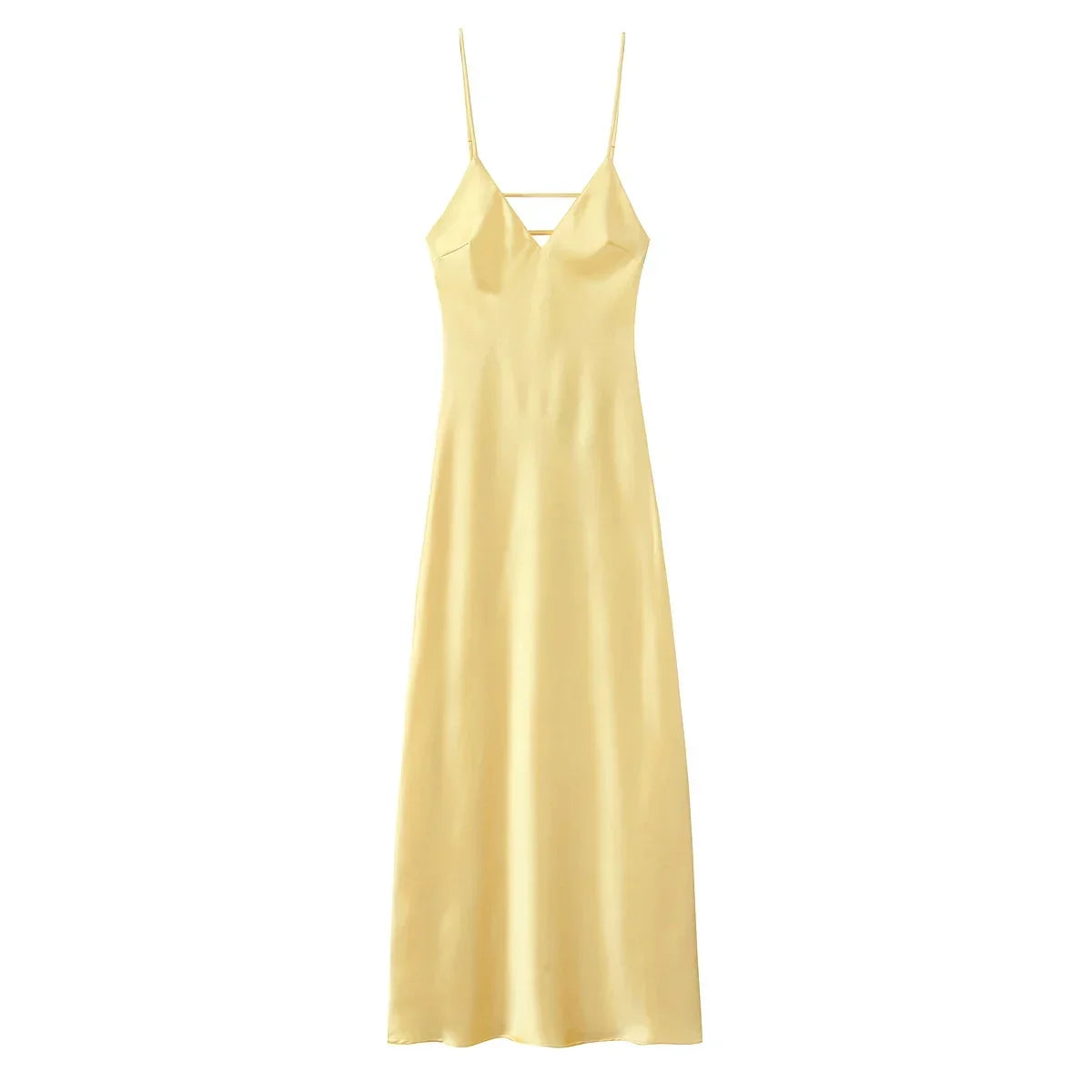 Foridol V Neck Backless Satin Long Dress Women Sexy Beach New in Maxi Summer Dress Spaghetti Strap Yellow Party Vestidos 2025