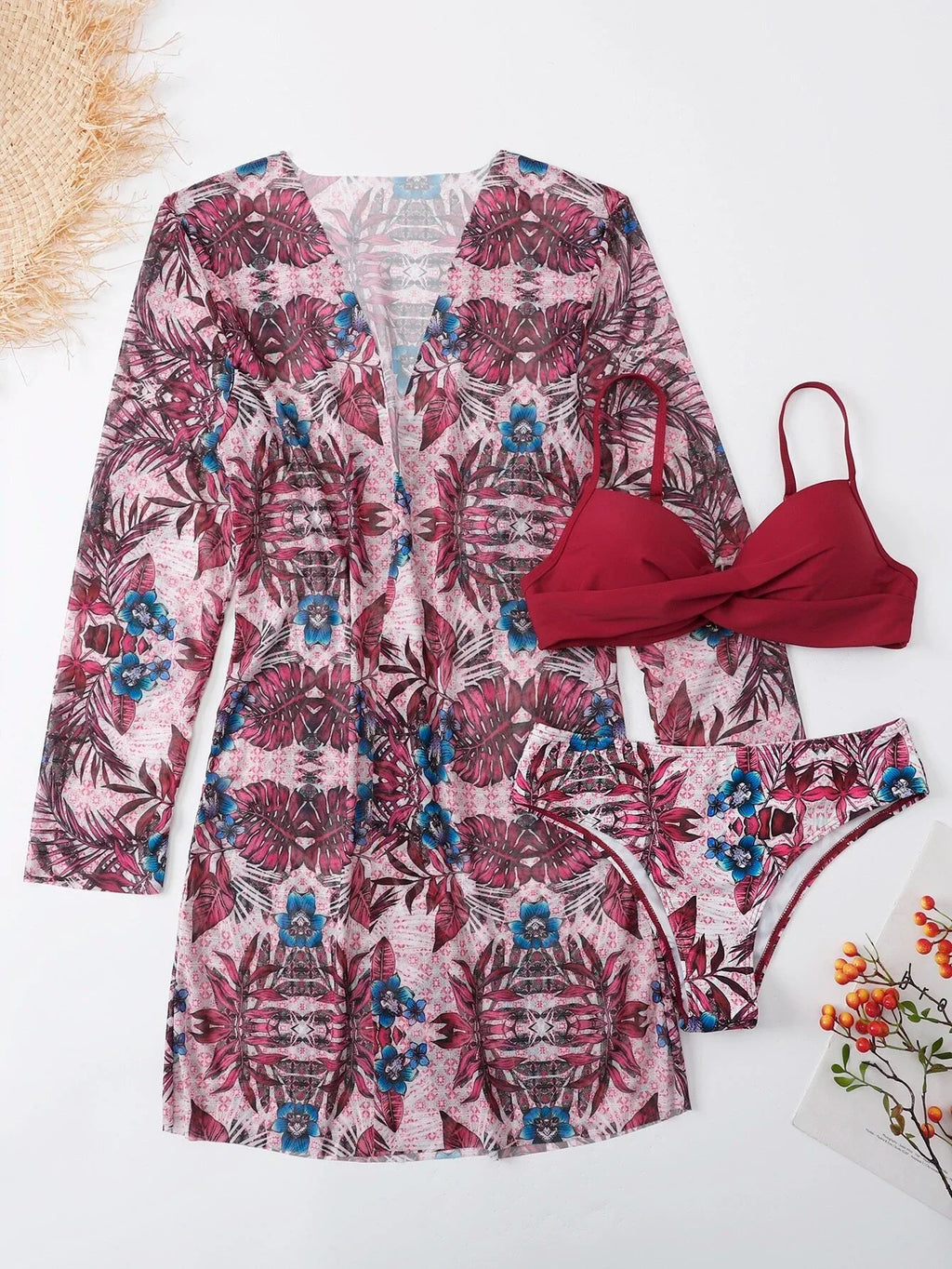 3 Pieces Push Up Bikinis 2026 Women With Kimono Beach Printed Swimsuit Sexy Swimwear Female Bathers Bathing Swimming Swim Suit