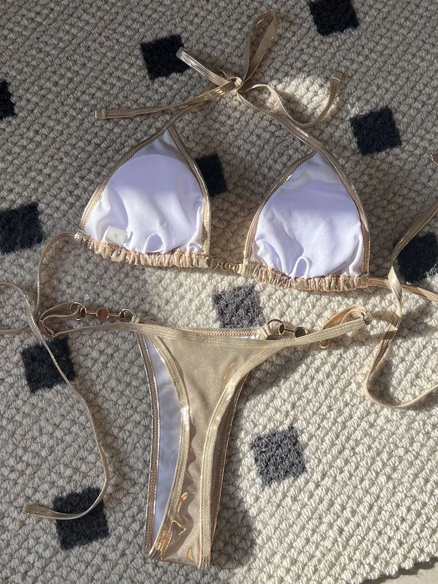 PU Leather Pearls Bikini Mini Micro Thong Bikinis Women Swimwear Female Swimsuit Two-piece Bikini Set Halter Bathing Suit Swim