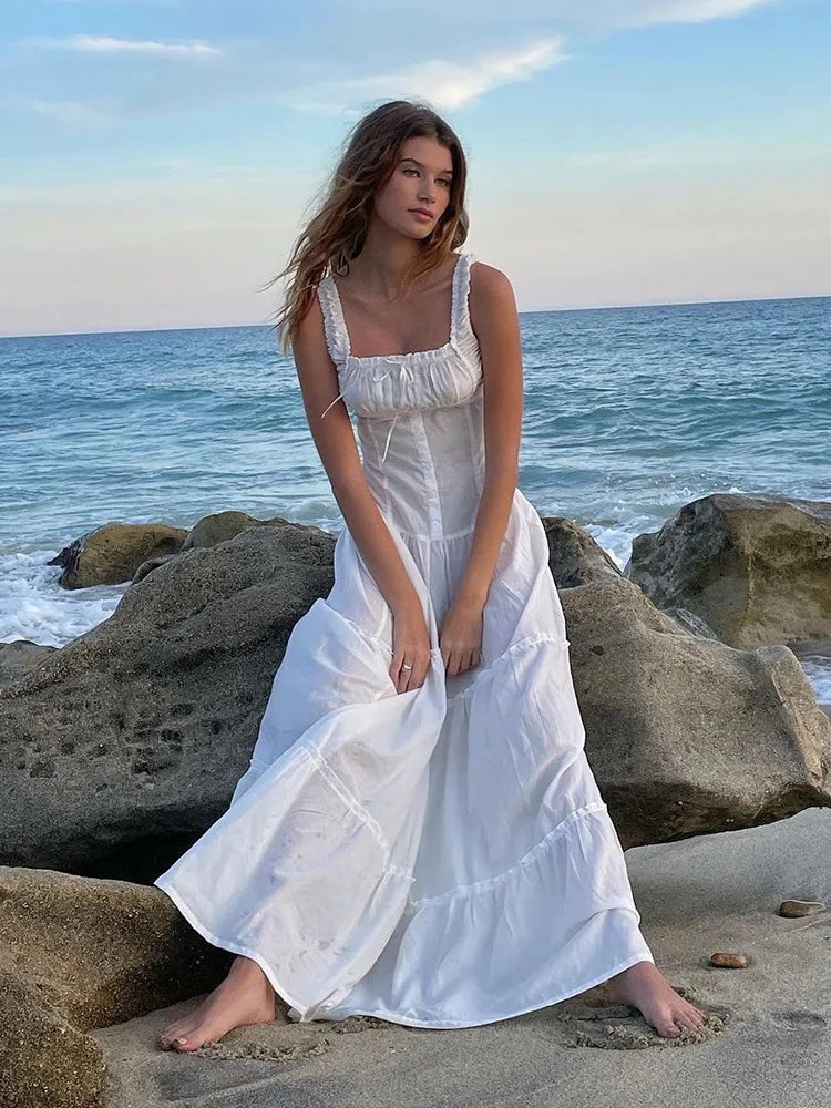 Bowknot White Summer Women's Dress Elegant Tank Beach Long Sundress Vestidos Sleeveless Holiday Chic Black Slim Maxi Dress 2025