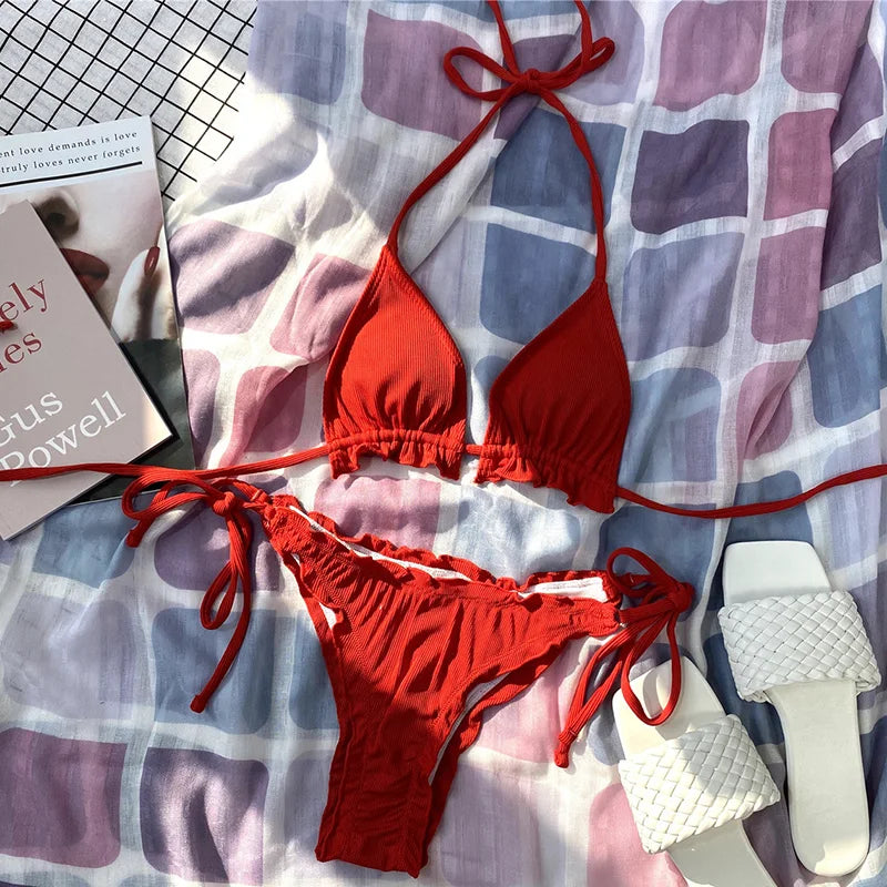 2026 Ribbed Ruffled Frilled Brazilian Bikini Women Swimsuit Female Swimwear Two Pieces Bikini Set Halter Bathing Suit Swim Lady