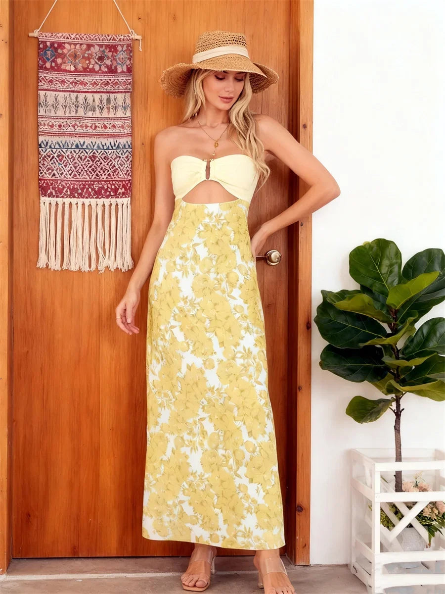 Women Floral Print Tie Backless Dress for Bohemian Party Evening Ring Cut Out Strapless Bodycon Long Dresses