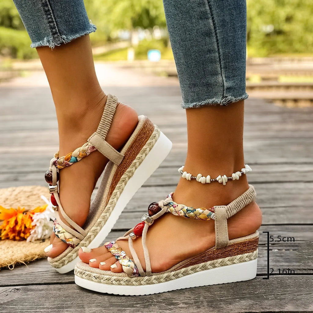 Fashion T-Strap Platform Sandals  Women New Mix Color Elastic Band Wedge Sandals Woman Summer Daily Open Toe Sandalias Female