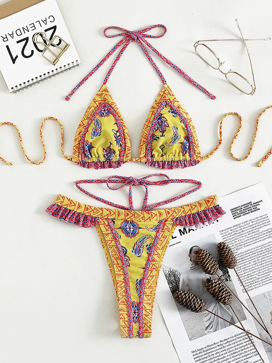 Floral Print Halter Ruffle Frilled Bikini Women Thong Swimwear Female Swimsuit Two-pieces Bikini Set Bathing Suit Swim Beachwear