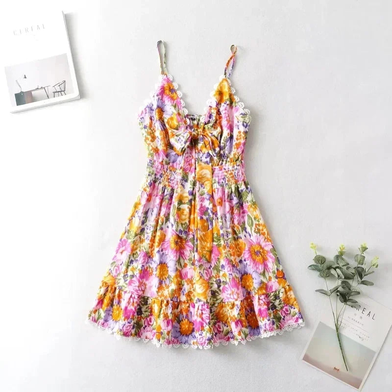 V Neck Bowknot Floral Print Boho Summer New Dress for Women Adjustable Strap Lace Patchwork Sundress Beach Casual Short Dress