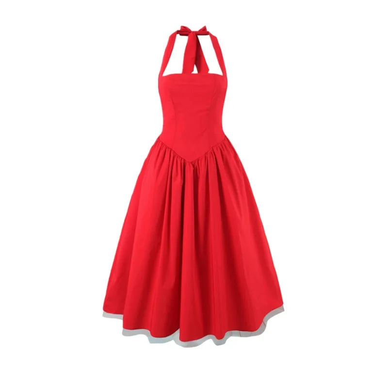 French Style Backless Cross-strap Halter Neck Dress For Women With Hard Mesh Panels Waist-cinching Pleated Large Hem Casual FYR0