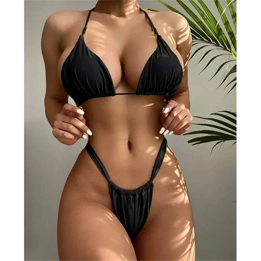 PU Pleated Ruched Bikinis Mini Micro Thong Bikini Women Swimwear Female Swimsuit Two-pieces Bikini Set Halter Bathing Suit Swim