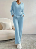 Autumn and Winter Casual V-neck Pocket Striped Knited Tops and Long Trousers Two-piece Sets, Women's Pajamas Set Sleepwear