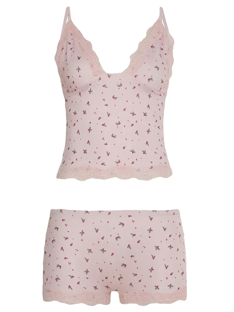 Cute Pink Floral Lace Patchwork Two-piece Pajamas Set for Women Sleepwear Sleeveless Camisoles and Slim Shorts Loungewear