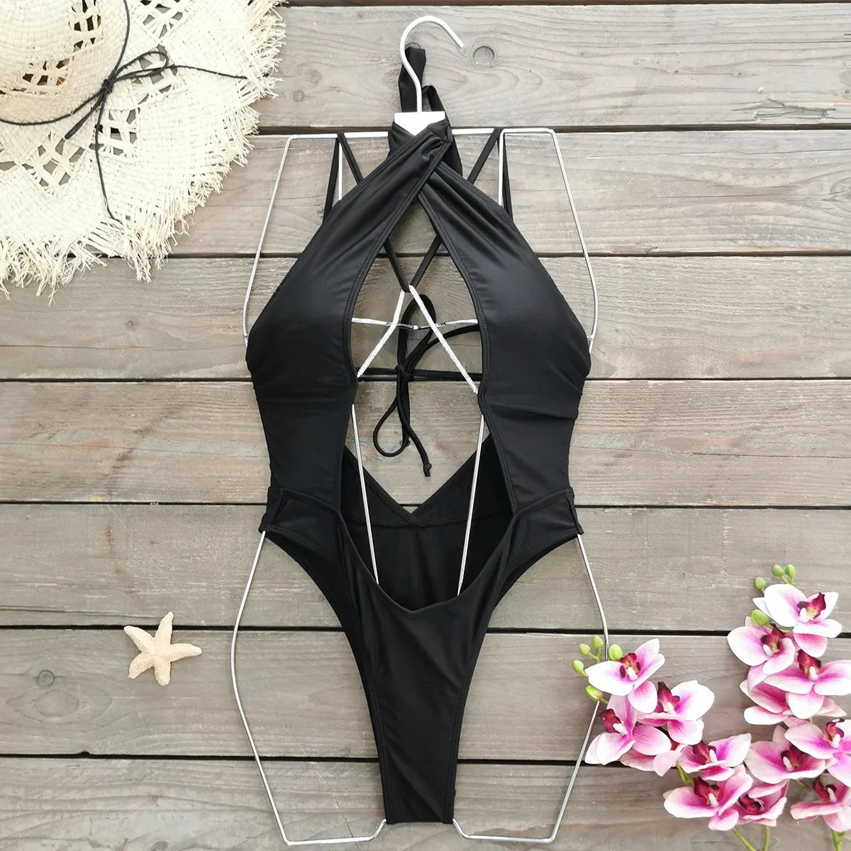 Sexy Hollow Out One Piece Swimwear Push Up Women's Swimsuit  2024 Trend Solid Bath suits Halter Monokinis Summer Beachwear