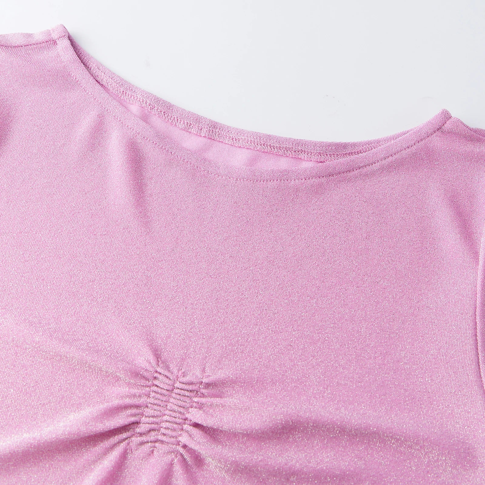 Women's Summer Basic T Shirts Solid Color Cap Sleeve Round Neck Slim Fit Ruched Glitter Tops