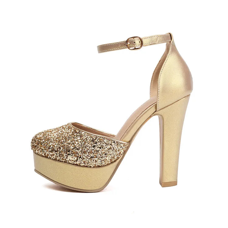 Sequins Glitter Closed Toe Bling Bling Sparkle Women Summer Block High Heels for Evening Dress Platform Sexy Gold Silver Sandals