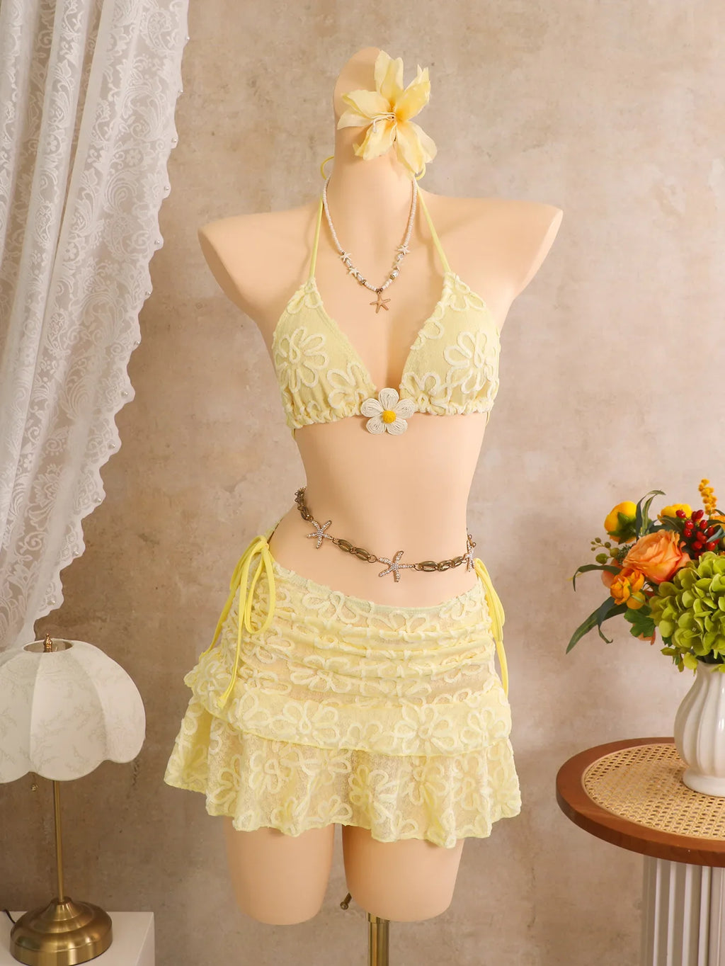 Vintage White Floral Embroidery Bikini Set 2026 Women 3D Flower Push Up Bra Pleate Skirt 3 Piece Swimsuit Bathing Suit Swimwear