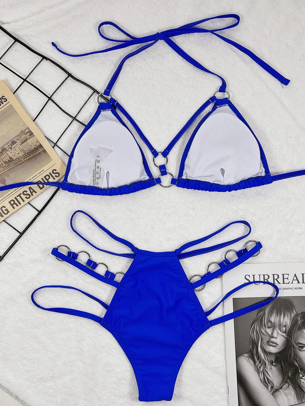 5 Colors Sexy Bikini Women Solid Hollow Swimwear Swimsuit Halter Bikinis Set Bathing Suit Beach Bikini Female Metal Ring Decor